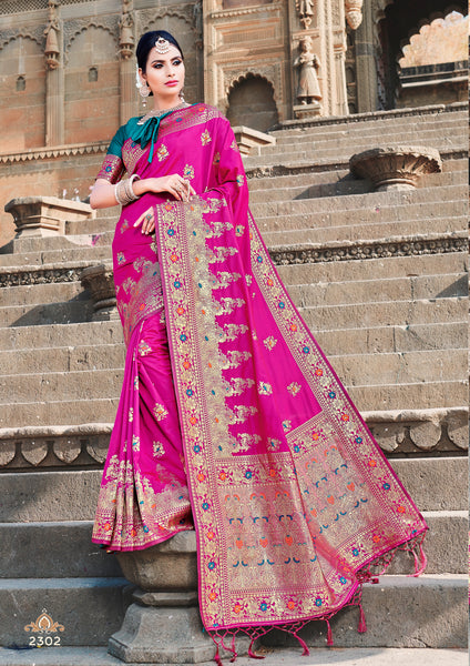 Deep Pink Jacquard Silk Heavy Work Designer Banarasi Saree Sari