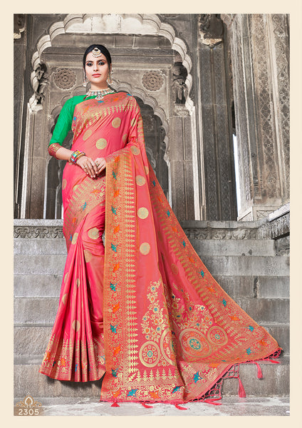 Peach Jacquard Silk Heavy Work Designer Banarasi Saree Sari
