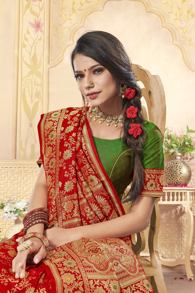 Red Jacquard Silk Heavy Work Designer Banarasi Saree Sari