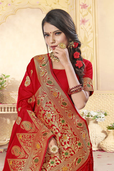 Red Jacquard Silk Heavy Work Designer Banarasi Saree Sari
