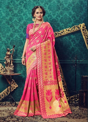SMSAREE Pink Designer Wedding Partywear Banarasi Art Silk Hand Embroidery Work Bridal Saree Sari With Blouse Piece YNF-24276