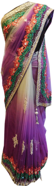 Cream Lavender Bridal Designer Bollywood Style Net Saree