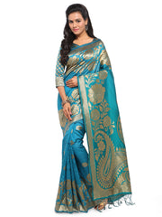 SMSAREE Turquoise Blue Designer Wedding Partywear Banarasi Art Silk Hand Embroidery Work Bridal Saree Sari With Blouse Piece YNF-28449