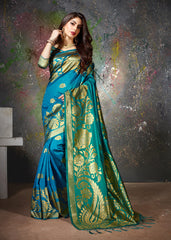 SMSAREE Turquoise Blue Designer Wedding Partywear Banarasi Art Silk Hand Embroidery Work Bridal Saree Sari With Blouse Piece YNF-28449