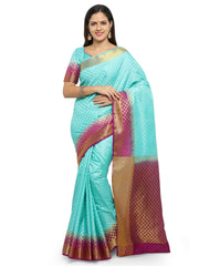 SMSAREE Turquoise Blue Designer Wedding Partywear Banarasi Art Silk Hand Embroidery Work Bridal Saree Sari With Blouse Piece YNF-28479