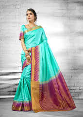 SMSAREE Turquoise Blue Designer Wedding Partywear Banarasi Art Silk Hand Embroidery Work Bridal Saree Sari With Blouse Piece YNF-28479