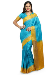 SMSAREE Turquoise Blue Designer Wedding Partywear Banarasi Art Silk Hand Embroidery Work Bridal Saree Sari With Blouse Piece YNF-28484