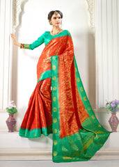 SMSAREE Red Designer Wedding Partywear Banarasi Art Silk Hand Embroidery Work Bridal Saree Sari With Blouse Piece YNF-28488