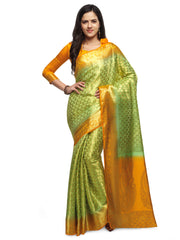SMSAREE Lime Green Designer Wedding Partywear Banarasi Art Silk Hand Embroidery Work Bridal Saree Sari With Blouse Piece YNF-28494