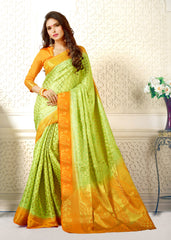 SMSAREE Lime Green Designer Wedding Partywear Banarasi Art Silk Hand Embroidery Work Bridal Saree Sari With Blouse Piece YNF-28494