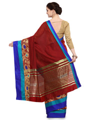 SMSAREE Maroon Designer Wedding Partywear Cotton Art Silk Hand Embroidery Work Bridal Saree Sari With Blouse Piece YNF-28505