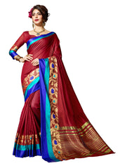 SMSAREE Maroon Designer Wedding Partywear Cotton Art Silk Hand Embroidery Work Bridal Saree Sari With Blouse Piece YNF-28505