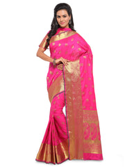 SMSAREE Pink Designer Wedding Partywear Banarasi Art Silk Hand Embroidery Work Bridal Saree Sari With Blouse Piece YNF-28518