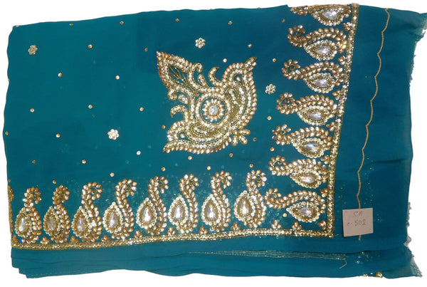 Turquoise Designer Georgette Hand Embroidery Work Saree Sari