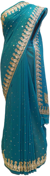 Turquoise Designer Georgette Hand Embroidery Work Saree Sari