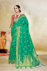 SMSAREE Green Designer Wedding Partywear Banarasi Art Silk Hand Embroidery Work Bridal Saree Sari With Blouse Piece YNF-28832