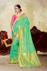 SMSAREE Green Designer Wedding Partywear Banarasi Art Silk Hand Embroidery Work Bridal Saree Sari With Blouse Piece YNF-28836