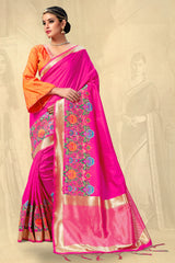 SMSAREE Pink Designer Wedding Partywear Banarasi Art Silk Hand Embroidery Work Bridal Saree Sari With Blouse Piece YNF-28869