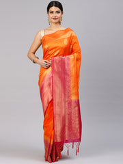 SMSAREE Orange Designer Wedding Partywear Banarasi Art Silk Hand Embroidery Work Bridal Saree Sari With Blouse Piece YNF-28902