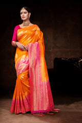 SMSAREE Orange Designer Wedding Partywear Banarasi Art Silk Hand Embroidery Work Bridal Saree Sari With Blouse Piece YNF-28902