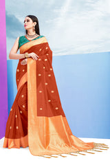 SMSAREE Rust Designer Wedding Partywear Linen Art Silk Hand Embroidery Work Bridal Saree Sari With Blouse Piece YNF-28939