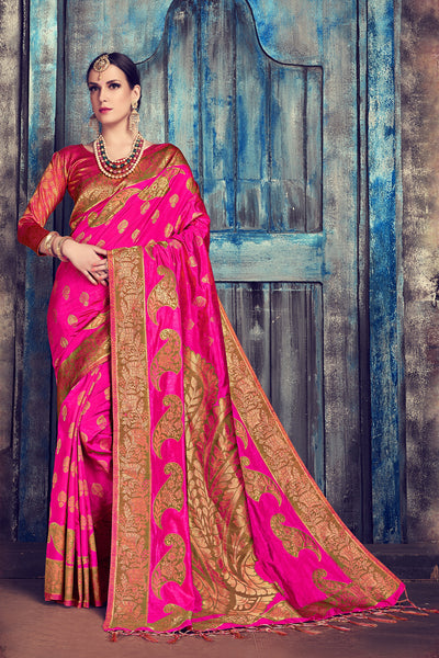 SMSAREE Purple Designer Wedding Partywear Banarasi Art Silk Hand Embroidery Work Bridal Saree Sari With Blouse Piece YNF-29108