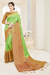 SMSAREE Green Designer Wedding Partywear Banarasi Art Silk Hand Embroidery Work Bridal Saree Sari With Blouse Piece YNF-29129