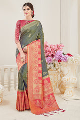 SMSAREE Green Designer Wedding Partywear Banarasi Art Silk Hand Embroidery Work Bridal Saree Sari With Blouse Piece YNF-29136