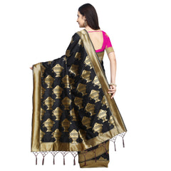 SMSAREE Black Designer Wedding Partywear Banarasi Art Silk Hand Embroidery Work Bridal Saree Sari With Blouse Piece YNF-29143