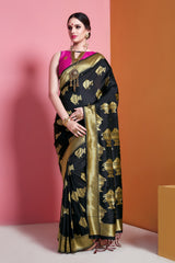 SMSAREE Black Designer Wedding Partywear Banarasi Art Silk Hand Embroidery Work Bridal Saree Sari With Blouse Piece YNF-29143