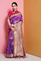 SMSAREE Purple Designer Wedding Partywear Banarasi Art Silk Hand Embroidery Work Bridal Saree Sari With Blouse Piece YNF-29144