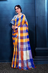 SMSAREE Blue Designer Wedding Partywear Linen Art Silk Hand Embroidery Work Bridal Saree Sari With Blouse Piece YNF-29167