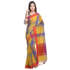 SMSAREE Yellow Designer Wedding Partywear Linen Art Silk Hand Embroidery Work Bridal Saree Sari With Blouse Piece YNF-29170