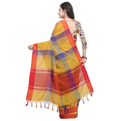SMSAREE Yellow Designer Wedding Partywear Linen Art Silk Hand Embroidery Work Bridal Saree Sari With Blouse Piece YNF-29170