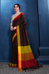 SMSAREE Black Designer Wedding Partywear Linen Art Silk Hand Embroidery Work Bridal Saree Sari With Blouse Piece YNF-29171