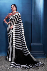 SMSAREE Black Designer Wedding Partywear Linen Art Silk Hand Embroidery Work Bridal Saree Sari With Blouse Piece YNF-29172