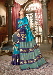 SMSAREE Turquoise Blue Designer Wedding Partywear Kanjeevaram Art Silk Hand Embroidery Work Bridal Saree Sari With Blouse Piece YNF-29204