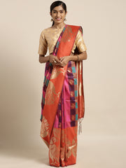 SMSAREE Orange Designer Wedding Partywear Kanjeevaram Art Silk Hand Embroidery Work Bridal Saree Sari With Blouse Piece YNF-29205