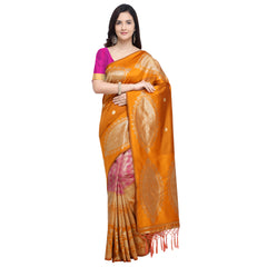 SMSAREE Mustard Designer Wedding Partywear Banarasi Art Silk Hand Embroidery Work Bridal Saree Sari With Blouse Piece YNF-29209
