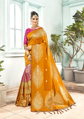 SMSAREE Mustard Designer Wedding Partywear Banarasi Art Silk Hand Embroidery Work Bridal Saree Sari With Blouse Piece YNF-29209