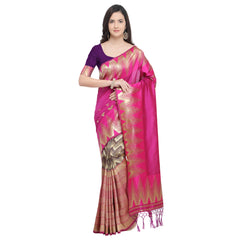 SMSAREE Pink Designer Wedding Partywear Banarasi Art Silk Hand Embroidery Work Bridal Saree Sari With Blouse Piece YNF-29211
