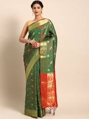 SMSAREE Green Designer Wedding Partywear Kanjeevaram Art Silk Hand Embroidery Work Bridal Saree Sari With Blouse Piece YNF-29223