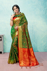 SMSAREE Green Designer Wedding Partywear Kanjeevaram Art Silk Hand Embroidery Work Bridal Saree Sari With Blouse Piece YNF-29223