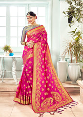 SMSAREE Pink Designer Wedding Partywear Banarasi Art Silk Hand Embroidery Work Bridal Saree Sari With Blouse Piece YNF-29239