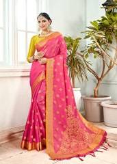SMSAREE Rose Designer Wedding Partywear Banarasi Art Silk Hand Embroidery Work Bridal Saree Sari With Blouse Piece YNF-29240