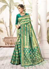 SMSAREE Sea Green Designer Wedding Partywear Kanjeevaram Art Silk Hand Embroidery Work Bridal Saree Sari With Blouse Piece YNF-29247