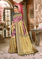 SMSAREE Gold Designer Wedding Partywear Kanjeevaram Art Silk Hand Embroidery Work Bridal Saree Sari With Blouse Piece YNF-29257
