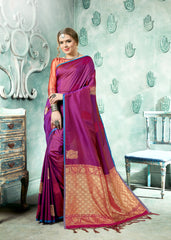 SMSAREE Purple Designer Wedding Partywear Kanjeevaram Art Silk Hand Embroidery Work Bridal Saree Sari With Blouse Piece YNF-29261