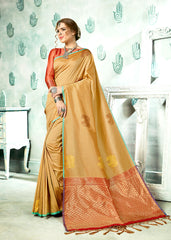 SMSAREE Peach Designer Wedding Partywear Kanjeevaram Art Silk Hand Embroidery Work Bridal Saree Sari With Blouse Piece YNF-29267
