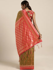 SMSAREE Olive Green Designer Wedding Partywear Kanjeevaram Art Silk Hand Embroidery Work Bridal Saree Sari With Blouse Piece YNF-29269